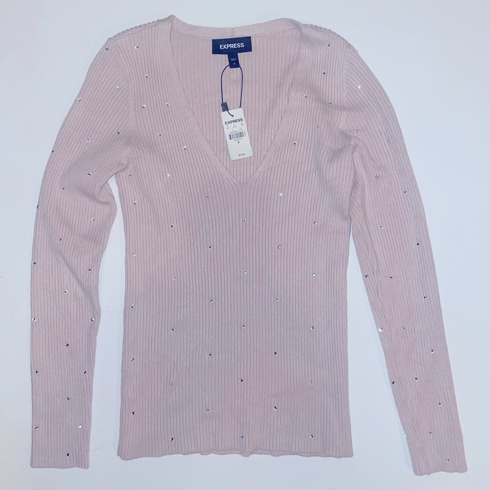 Express baby pink rhinestone v neck sweater